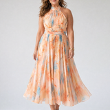 Halter-Midi-Kleid mit mehrfarbigem Aquarellmuster, ärmellos, fließender Midi-Rock