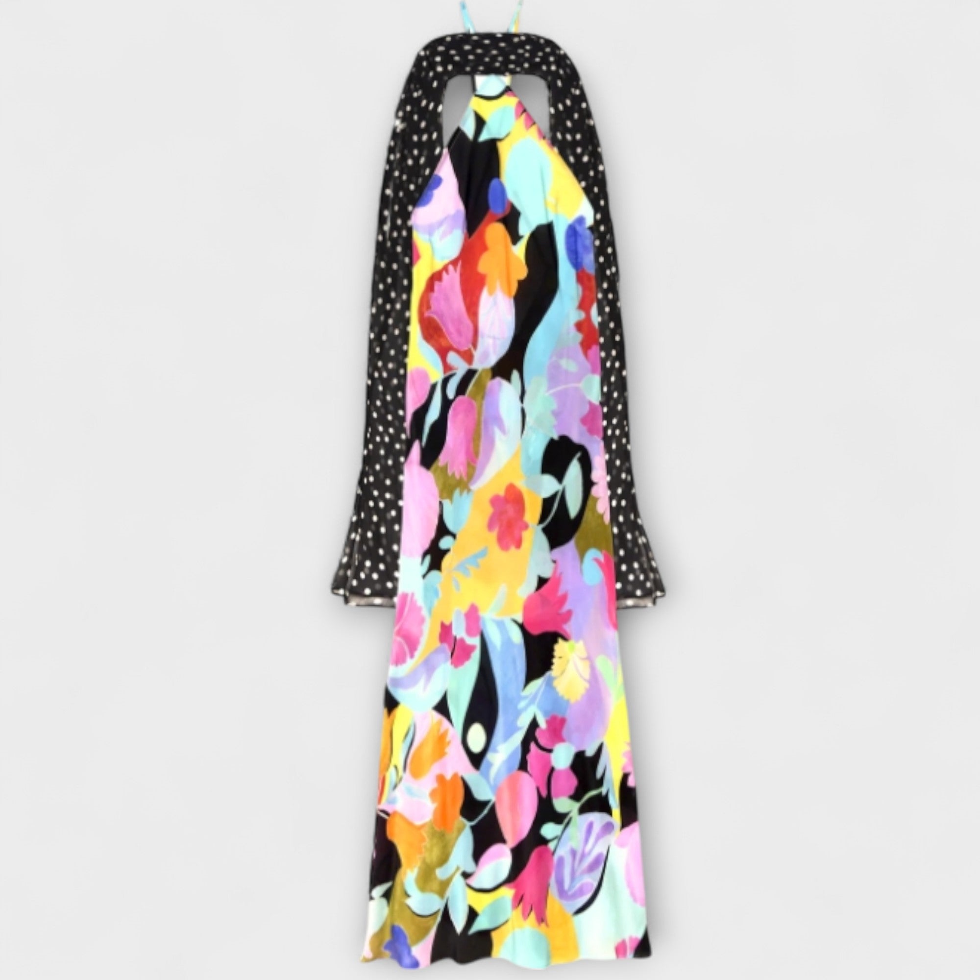 Midikleid mit floralem Multicolor-Druck und schwarzer Pünktchenhalterung