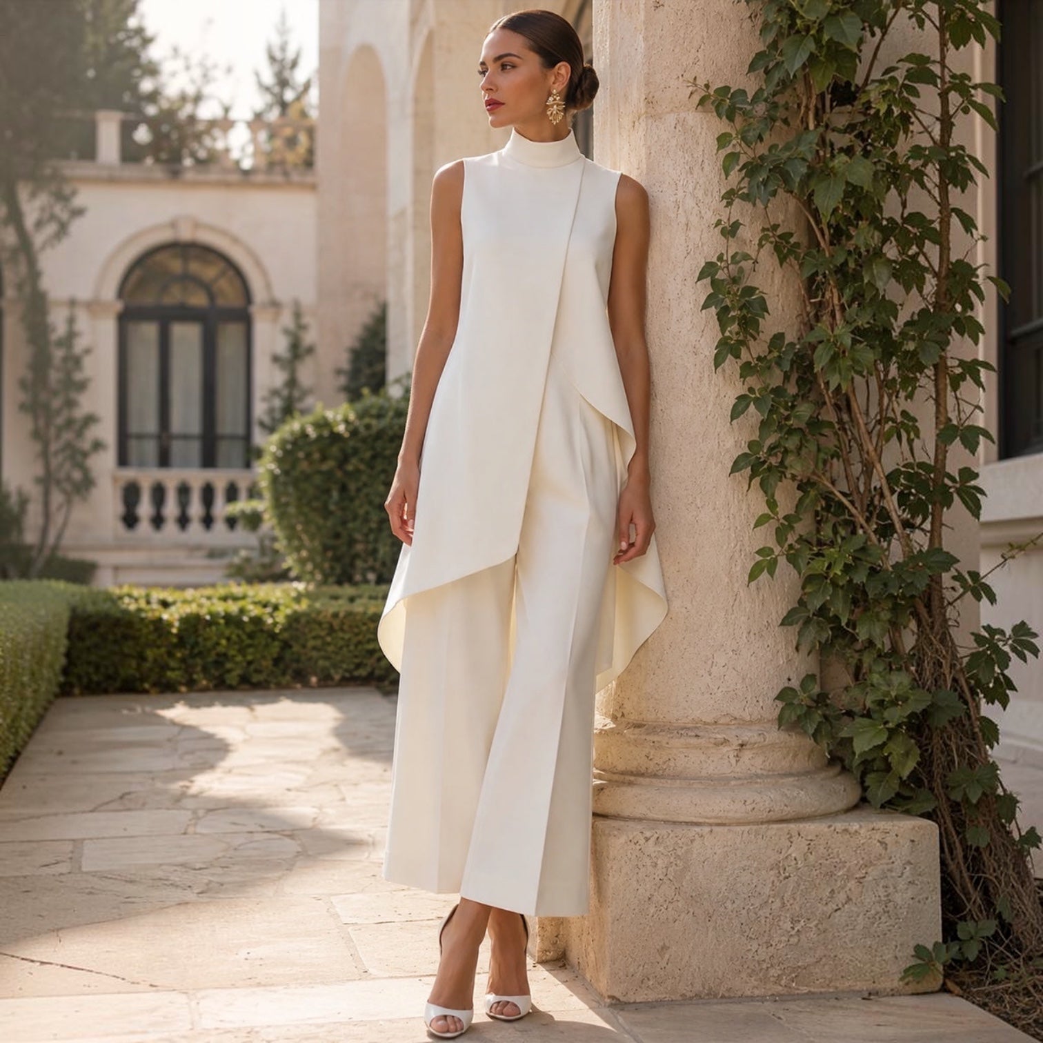 Elegantes langes Kleid in Weiß an der Seite drapiert, ärmellos mit hohem Ausschnitt