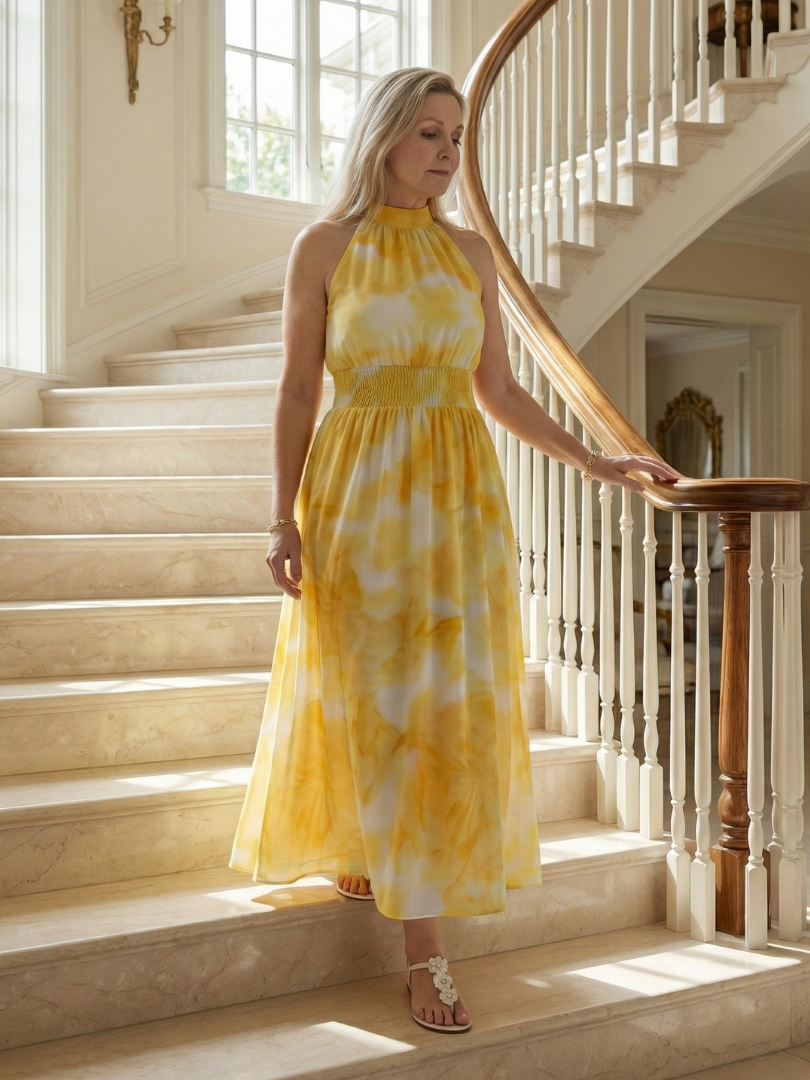 Midi-Kleid mit Neckholder und Raffung, gelb-weißes Batikmuster, fließender Rock