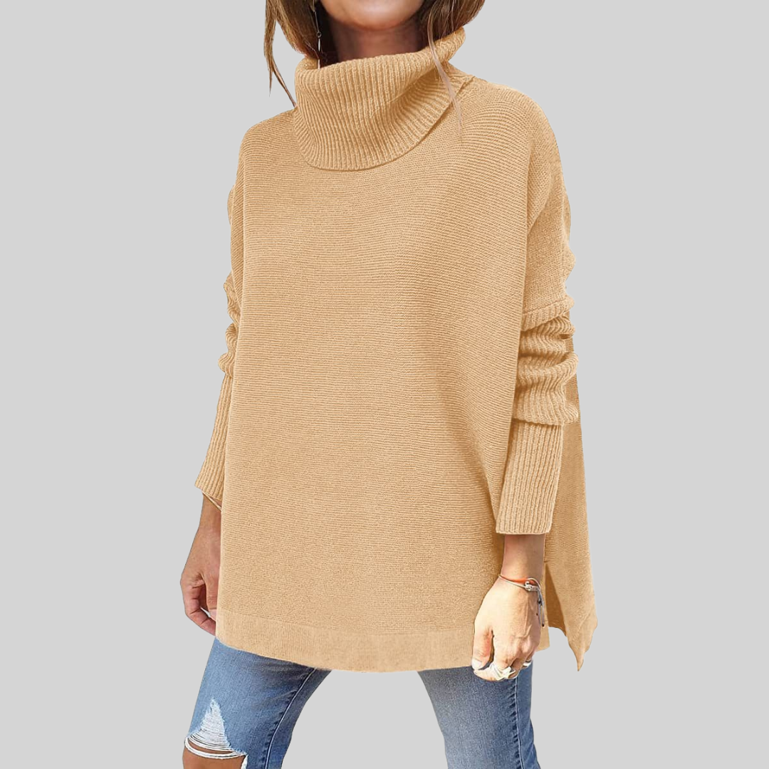 Oversize-Pullover mit Rollkragen, beige, lange Ärmel, Rippbündchen