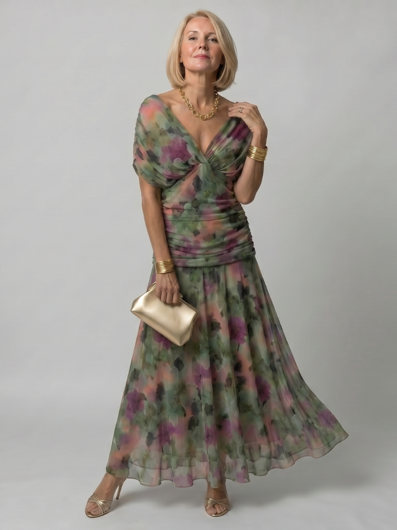 Mehrfarbiges Off-Shoulder-Midi-Kleid von Calen mit Muster, gerafftem Oberteil