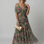 Mehrfarbiges Off-Shoulder-Midi-Kleid von Calen mit Muster, gerafftem Oberteil