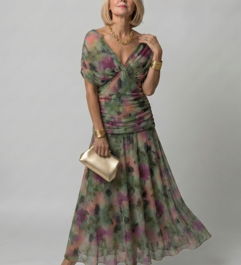 Mehrfarbiges Off-Shoulder-Midi-Kleid von Calen mit Muster, gerafftem Oberteil
