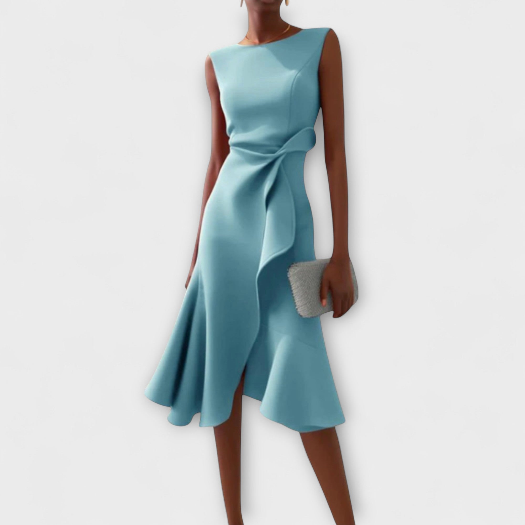 Drapiertes asymmetrisches Midikleid, ärmellos, hellblau, Drapierung mit Fallfalten