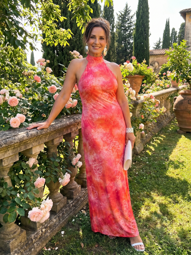 Halterneck Maxikleid mit korallrotem Orange-Printmuster, ärmellos, bodenlang