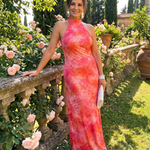 Halterneck Maxikleid mit korallrotem Orange-Printmuster, ärmellos, bodenlang