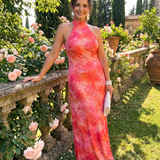 Halterneck Maxikleid mit korallrotem Orange-Printmuster, ärmellos, bodenlang
