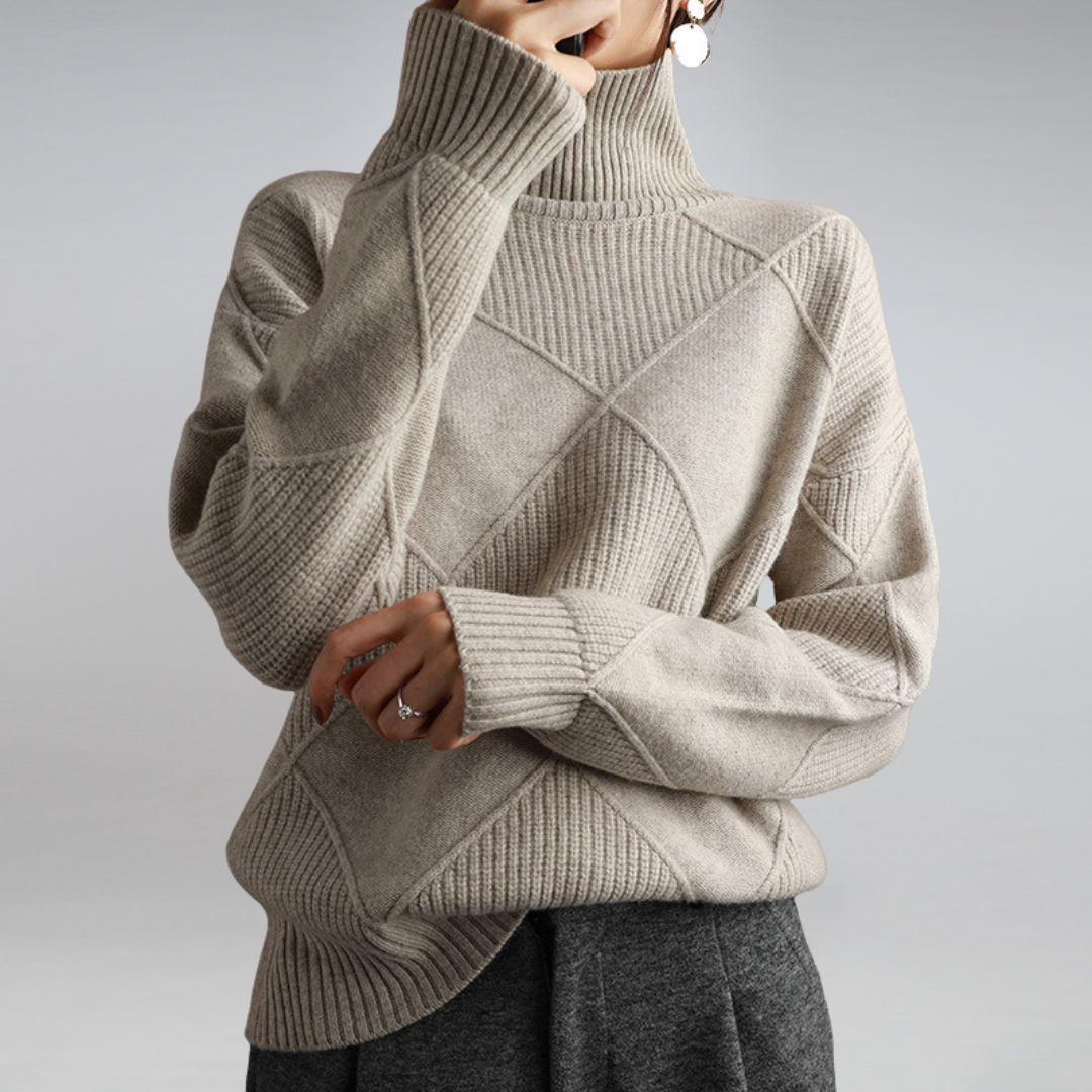 Weicher Pullover mit Stehkragen, Rippenstrick und Rauten-Design, hellbeige