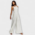 Weißer Halter-Jumpsuit mit weitem Bein und seitlichem Nahtverlauf