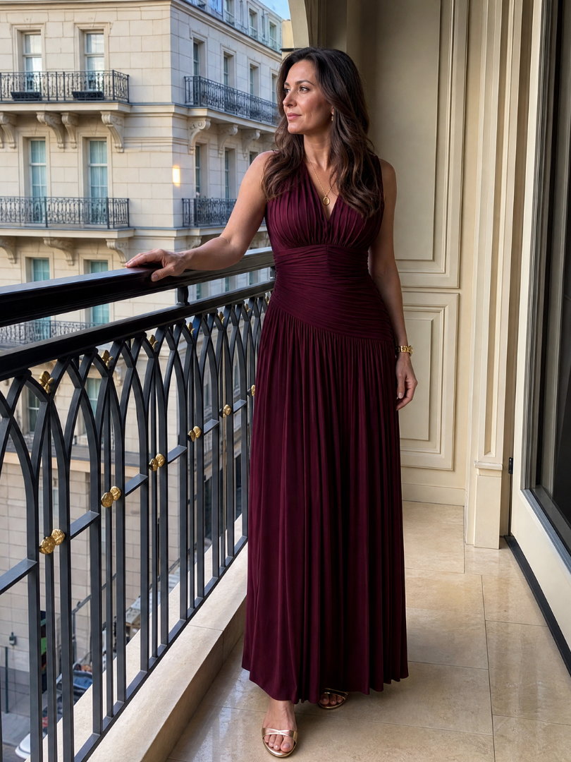 Burgunderrotes ärmelloses Midi-Kleid mit V-Ausschnitt und plissiertem Rock, Standansicht