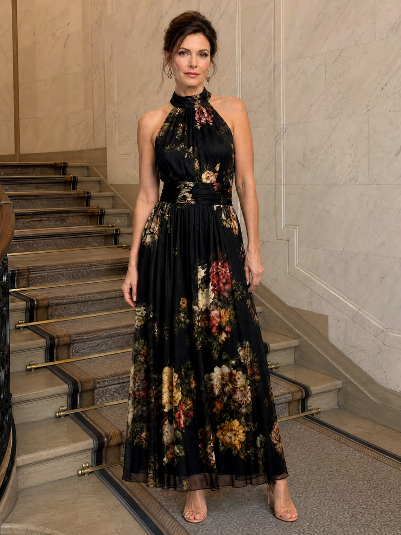 Schwarzes Midi-Kleid mit floralen Blumenprints, geraffter Taille und fließendem Tüllrock