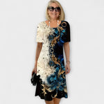 Sommerkleid mit Rundhalsausschnitt und kurzem Ärmel, Blumenmuster in Dunkelblau/Gold