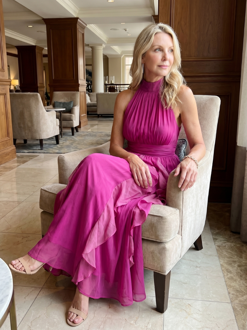 Pinkes Maxikleid mit hohem Hals, geraffter Taille und voluminösen Rüschenschichten