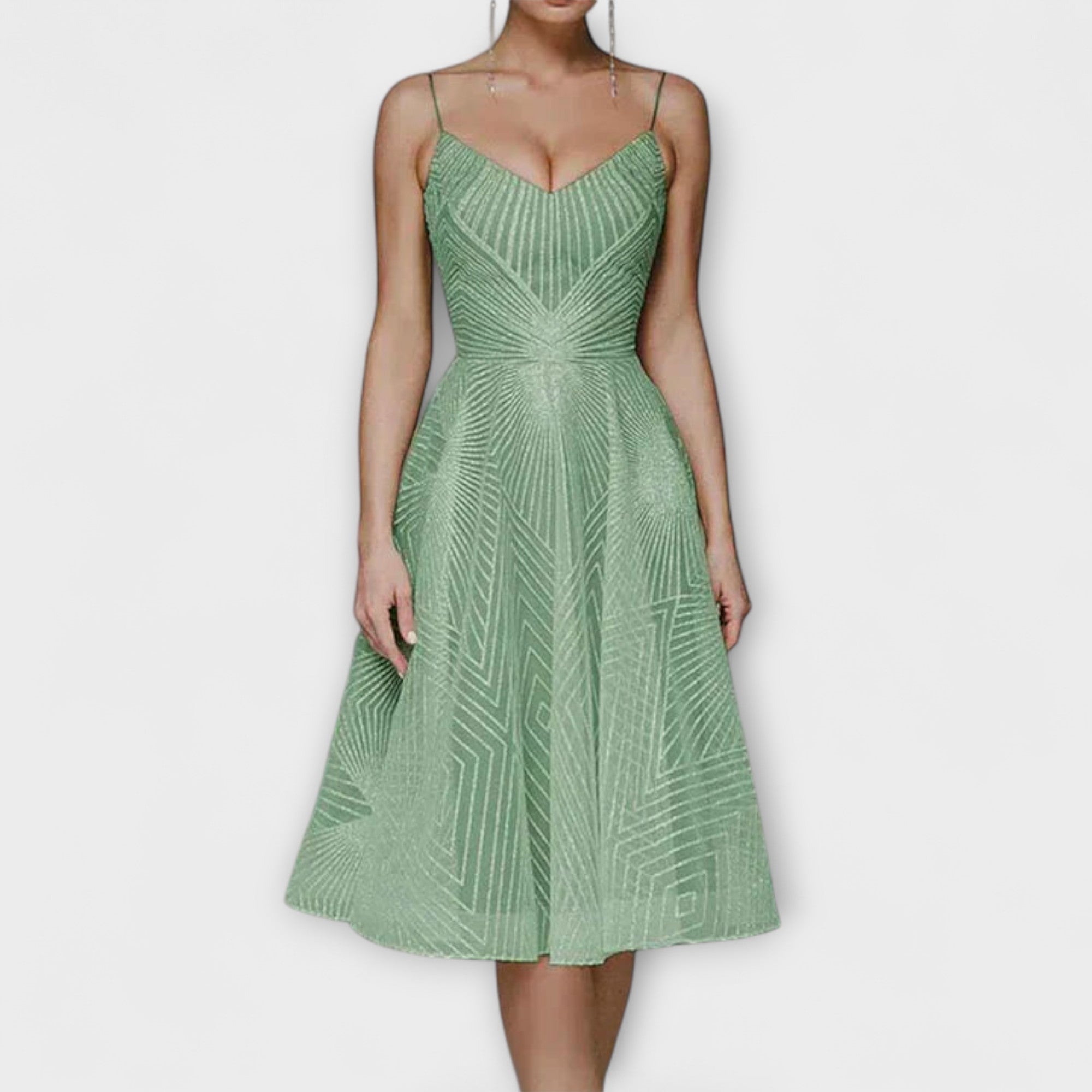 Grünes Midikleid mit Trägern, V-Ausschnitt und Stickereimuster mit Fächer-Stern