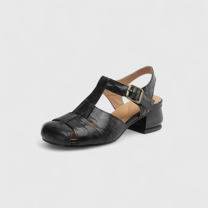 Elegante schwarze Ledersandalen mit Knöchelriemen, Metallschnalle und Blockabsatz