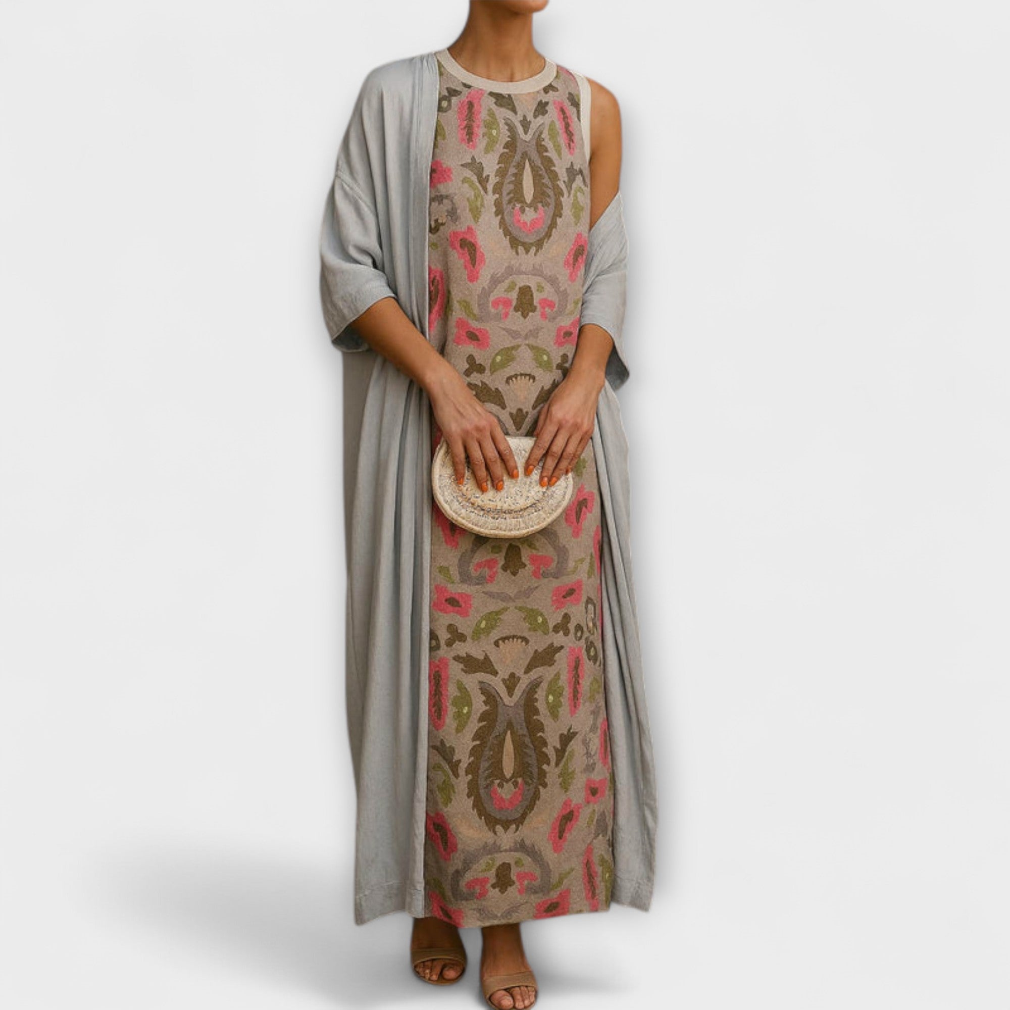 Langes Kleid mit passender Stola, ärmellos, Paisley-Print in Grau mit Rosatönen