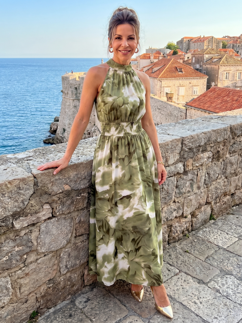 Grünes Midi-Kleid mit geraffter Taille, abstraktem Blattdruck und schwingendem Rock