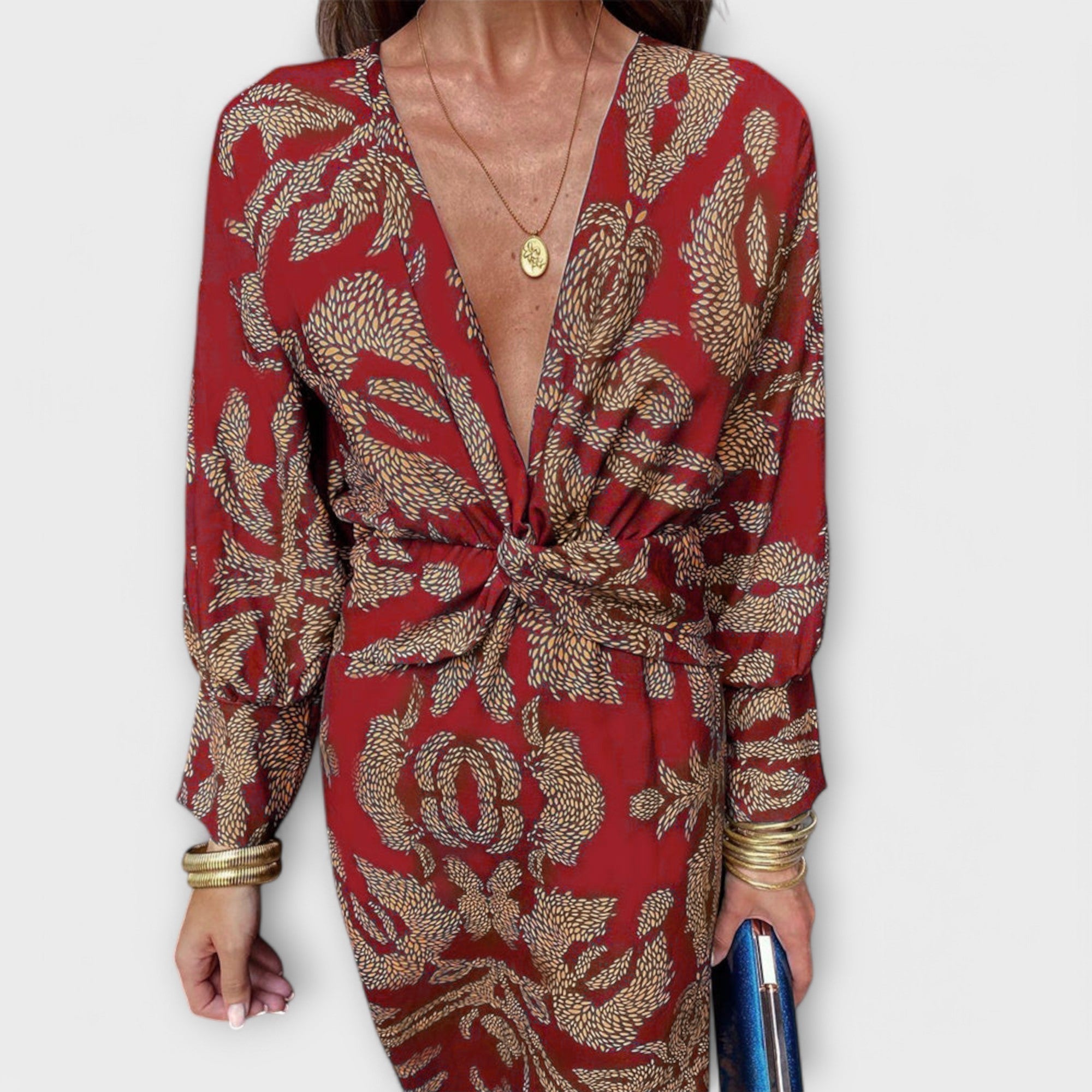 Elegantes Kleid mit langen Ärmeln, rotes Kleid mit goldfarbenem Muster, V-Ausschnitt