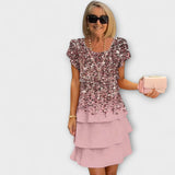Florales Eleganzkleid mit Rosen-Print, V-Auschnitt, kurze Ärmel, Volantrock, rosé