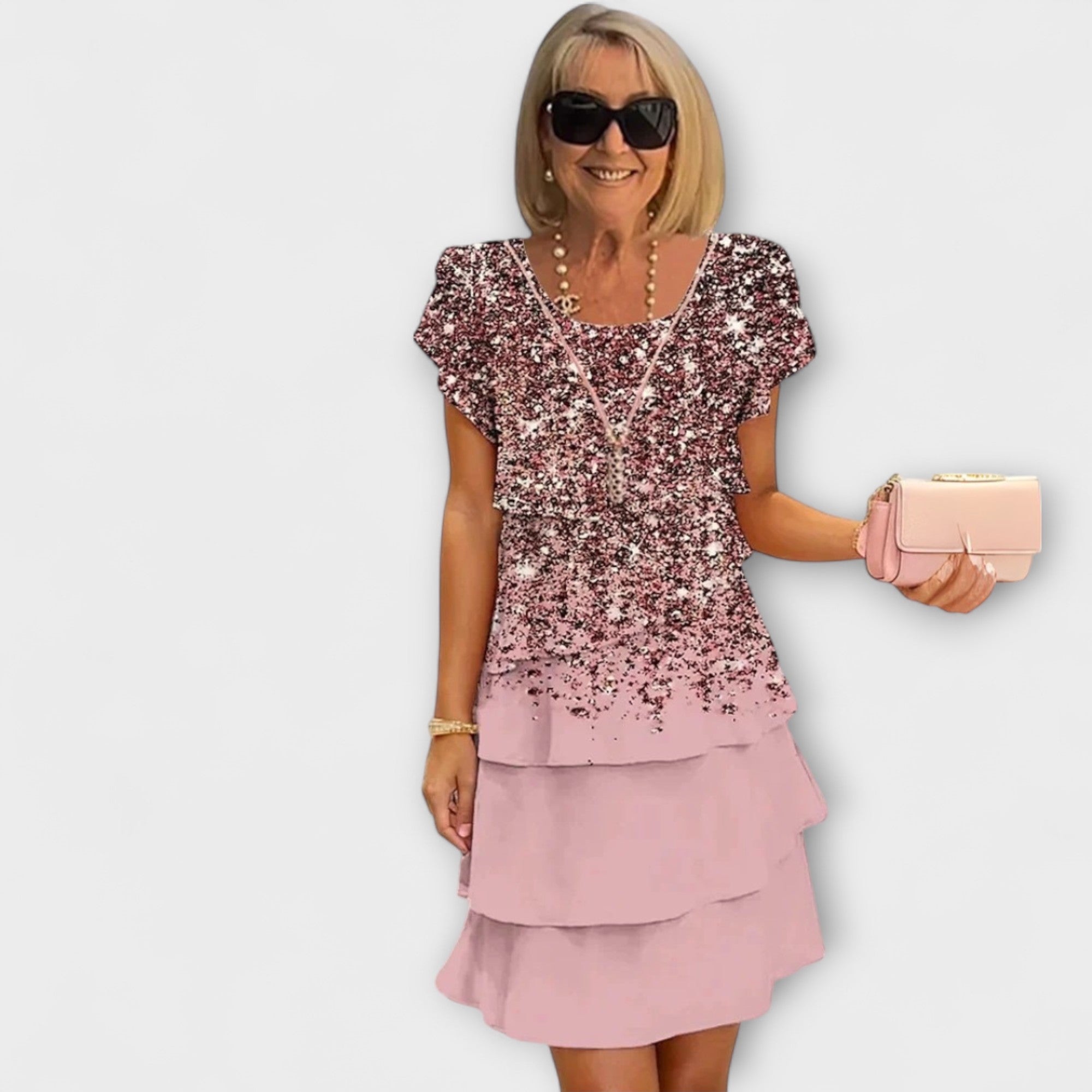 Florales Eleganzkleid mit Rosen-Print, V-Auschnitt, kurze Ärmel, Volantrock, rosé