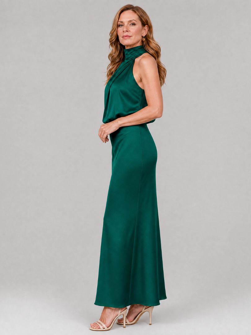 Ärmelloses Midikleid Dunkelgrün mit drapiertem Stehkragen und körpernaher Silhouette