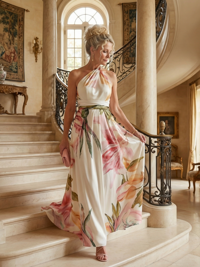 Maxikleid mit Halterneck, ärmellos, Blumenprint auf hellem Grund, Gürtel in Taillenhöhe