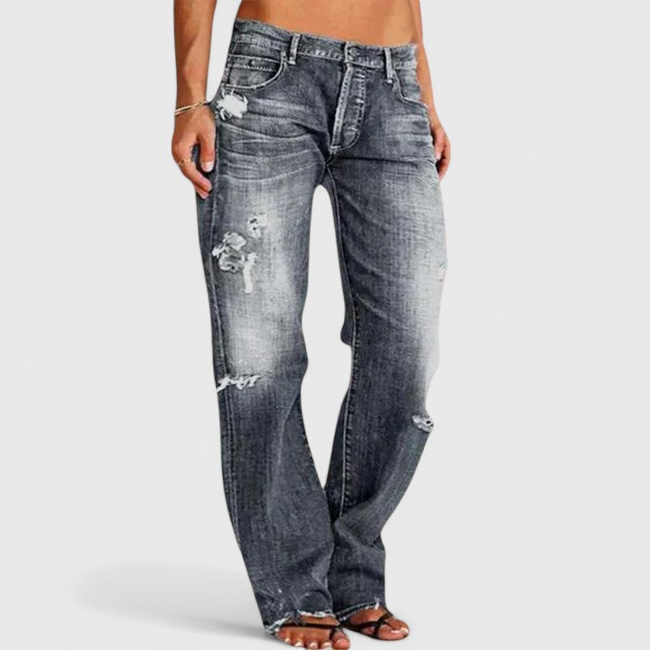 Grau verwaschene Jeans mit ausgefransten Stellen am Knie, gerader Schnitt