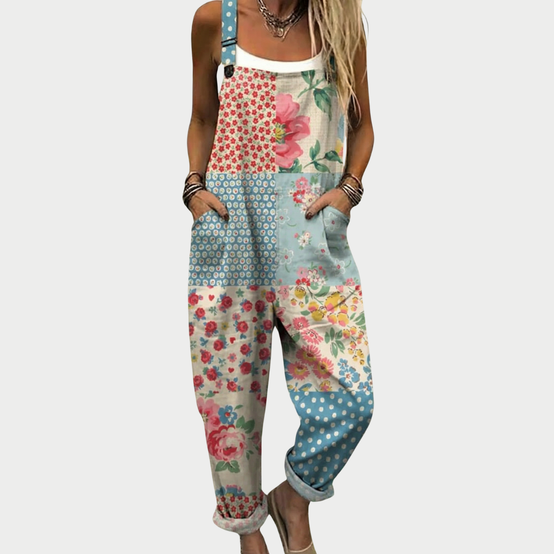 Bequemer bedruckter Overall mit Blumen- und Punktmuster, breite Träger, lang