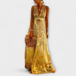 Fließendes Maxikleid mit V-Ausschnitt, ärmellos; goldgelb schimmernd mit Pailletten-Details