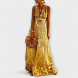 Fließendes Maxikleid mit V-Ausschnitt, ärmellos; goldgelb schimmernd mit Pailletten-Details