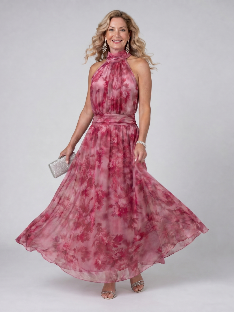 Rosa Batik-Halfter-Midi-Kleid mit hohem Ausschnitt, Taillenband und weit schwingendem Rock