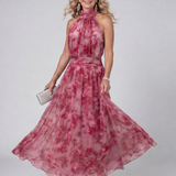 Rosa Batik-Halfter-Midi-Kleid mit hohem Ausschnitt, Taillenband und weit schwingendem Rock