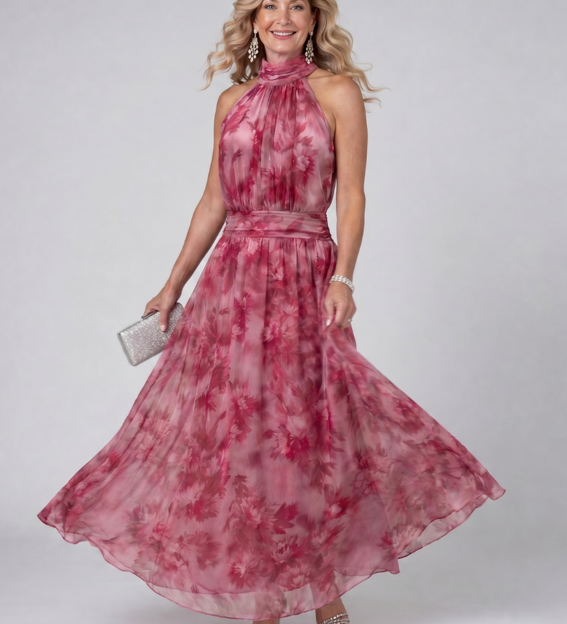 Rosa Batik-Halfter-Midi-Kleid mit hohem Ausschnitt, Taillenband und weit schwingendem Rock