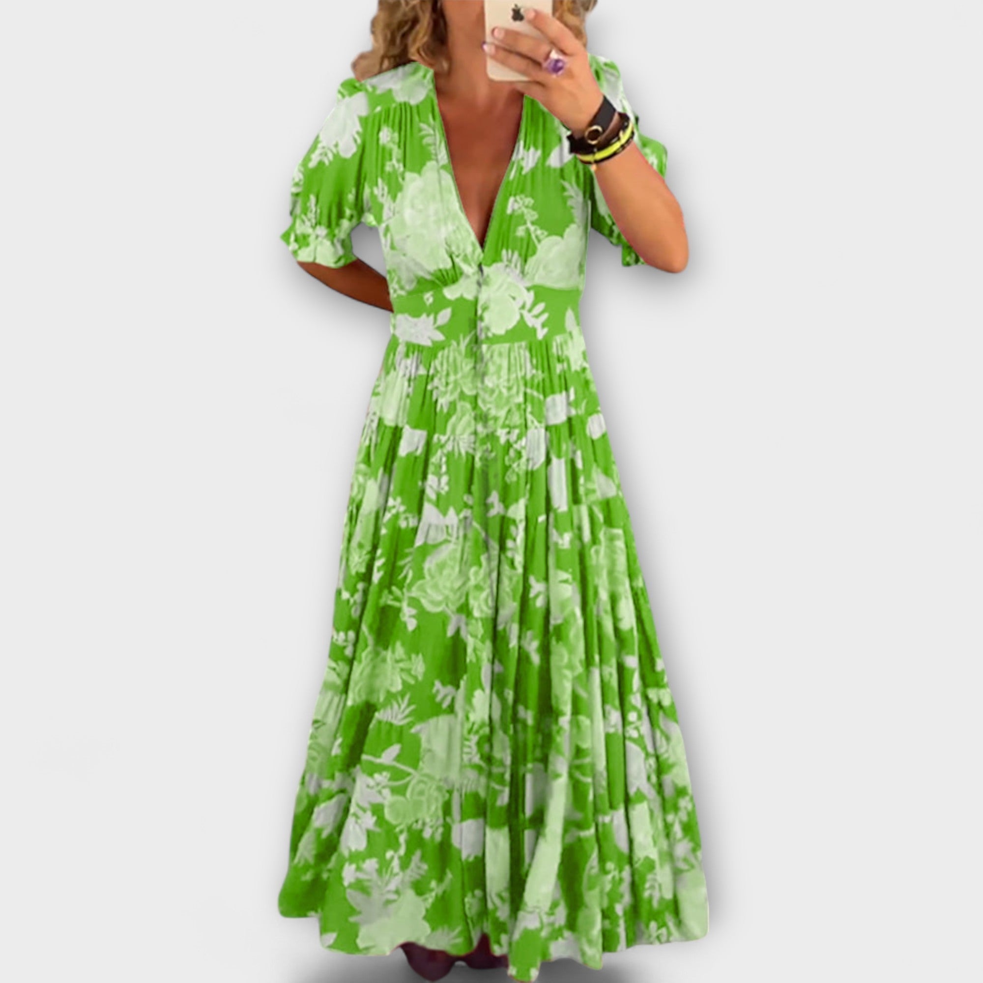 Catrisa-Blumenkleid mit V-Ausschnitt, kurzen ausgestellten Ärmeln und geraffter Taille (grün)