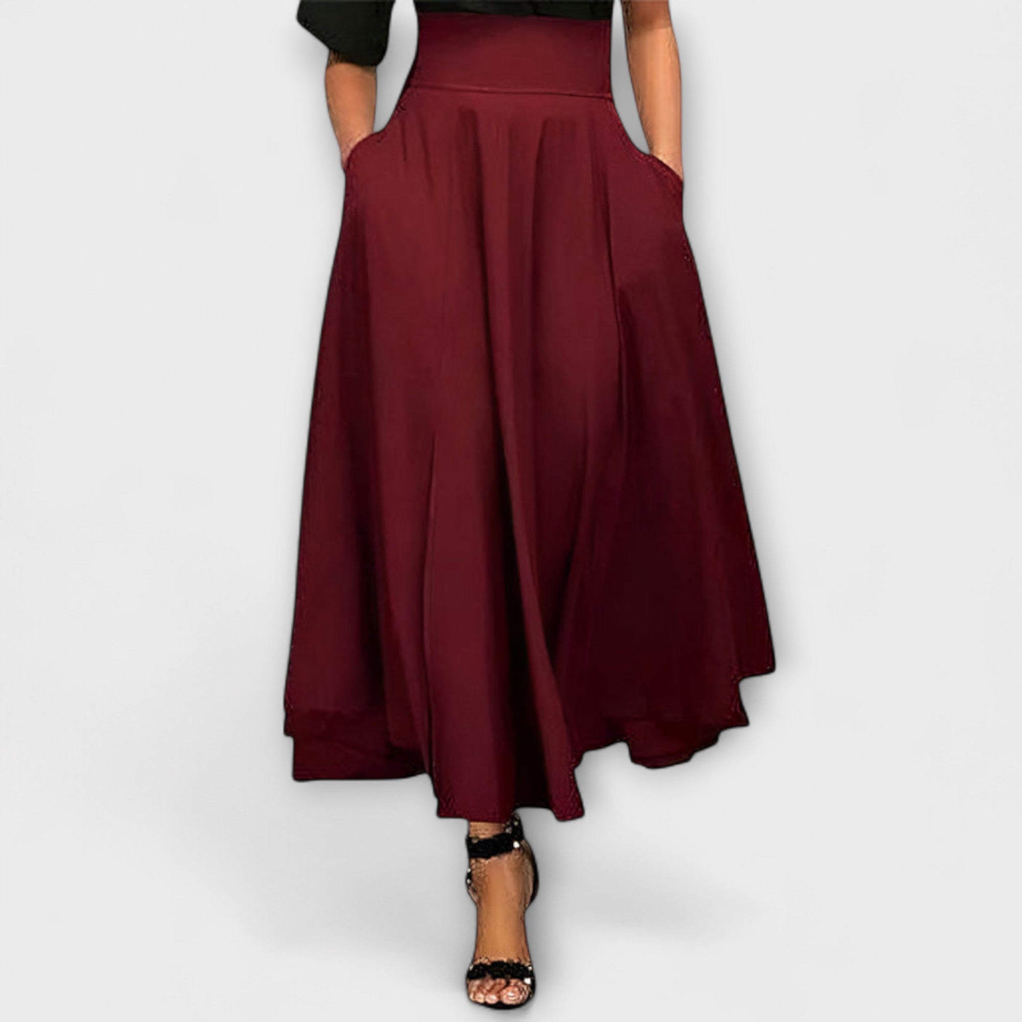 Eleganter Maxi-Rock mit Falten, hoher Bund und schwingender A-Linie, weinrot