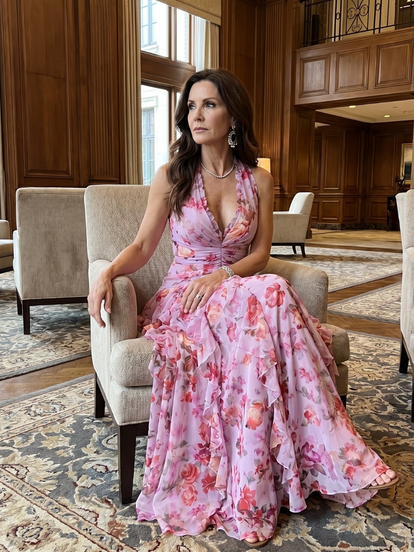 Halterneck-Rüschentop Maxikleid, pinkes Floral, sitzende Modellansicht, Volants am Rock