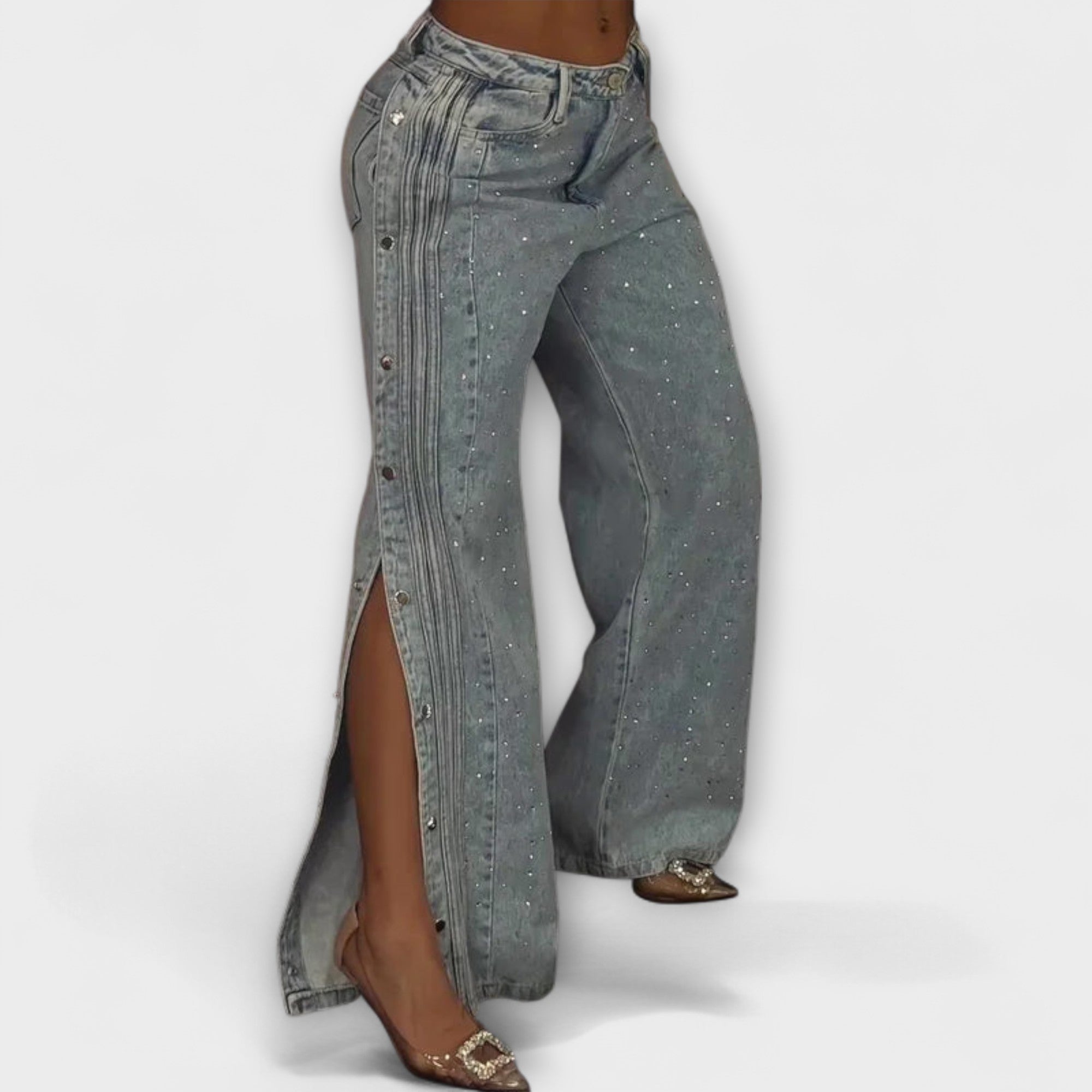 High-Waisted Jeans hellblau mit Strass, weitem Bein und seitlicher Knopfleiste, Schlitz