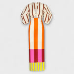 Maxi-Kleid Rückansicht: Puffärmel, vertikale Streifen in Orange, Braun, Creme und Pink