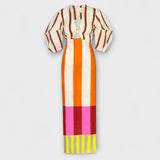 Maxi-Kleid Rückansicht: Puffärmel, vertikale Streifen in Orange, Braun, Creme und Pink