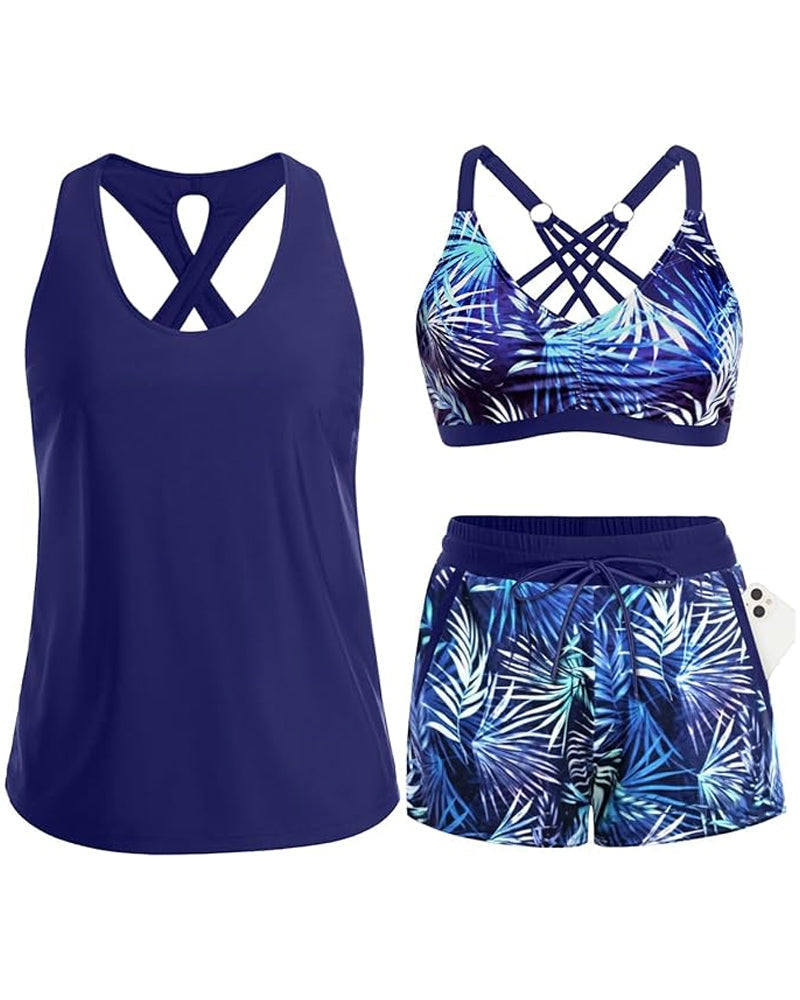 Tankini-Set in Marineblau: Trägertop und Palmprint-Shorts