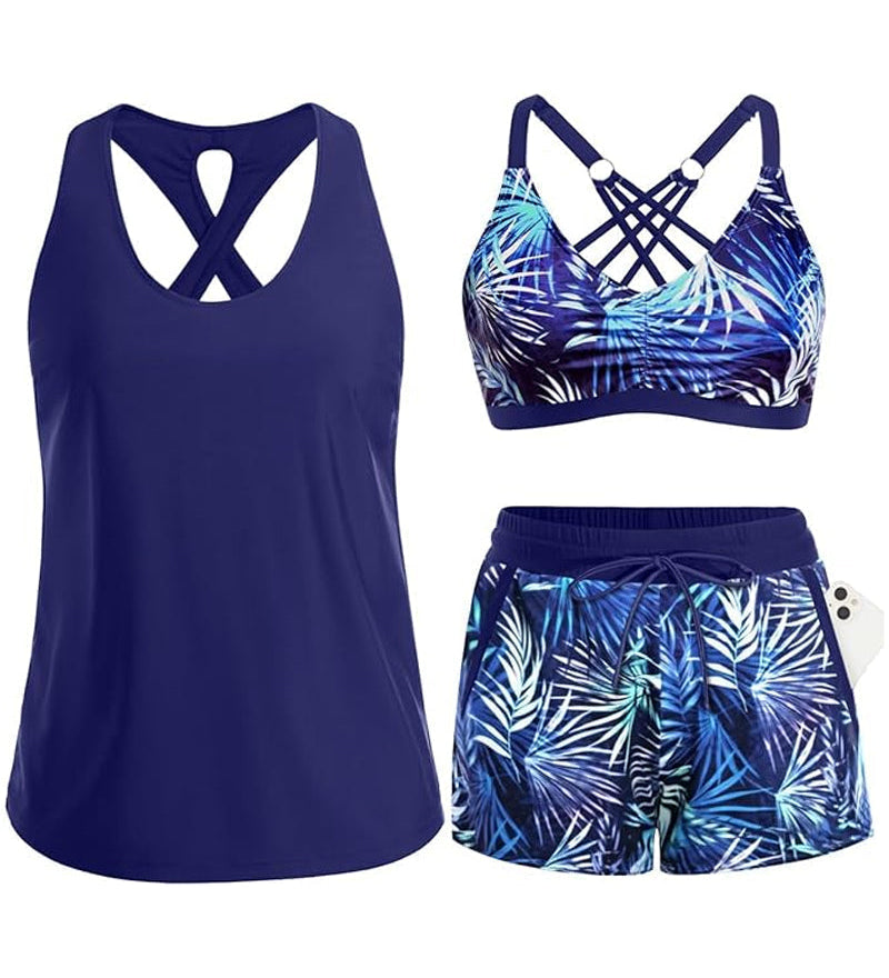 Tankini-Set in Marineblau: Trägertop und Palmprint-Shorts