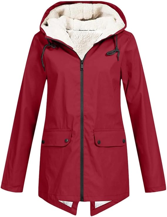 Damen-Kapuzenpullover mit Reißverschluss, roter Außenjacke und Sherpa-Futter