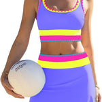 Bauchfreier Bikini-Set, lila mit neon-gelben und pinkfarbenen Streifen, mit Ball