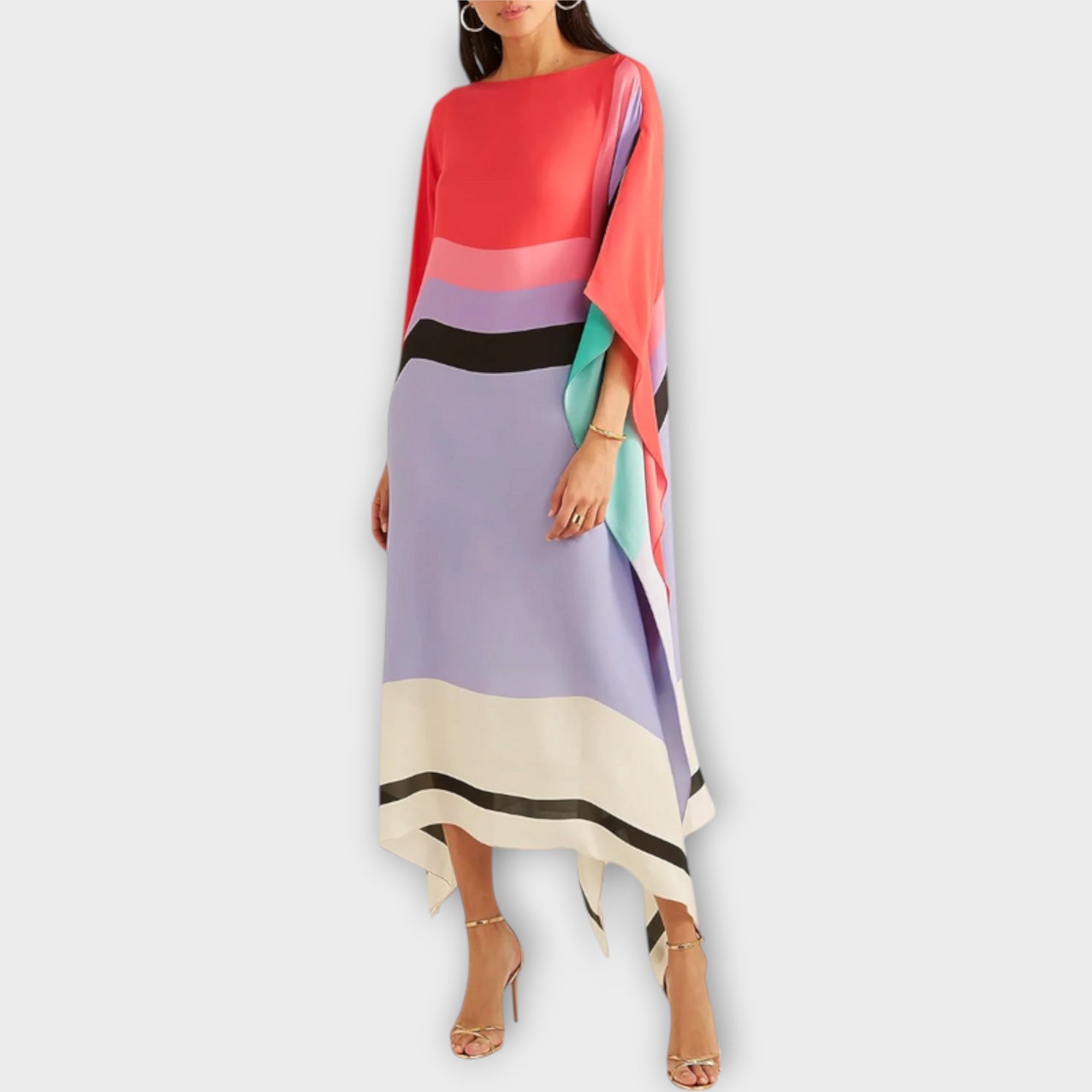 Locker geschnittener Kaftan in Rot und Lila mit geometrischen Farbfeldern und Streifenabschluss