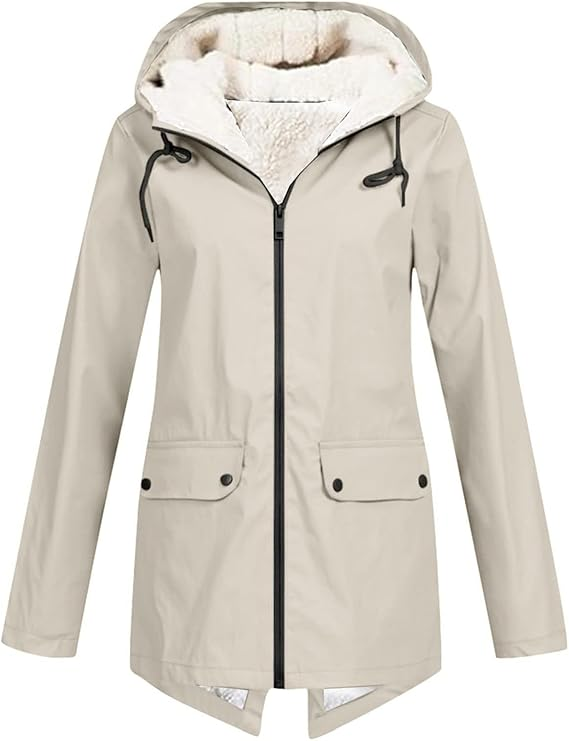 Damen-Kapuzenpullover mit Reißverschluss, beiger Außenjacke und Sherpa-Futter