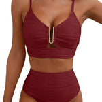 Bordeauxfarbener Bikini mit geripptem Stoff, Bügel-Bra und hohem Taillen-Slip mit Mittelring