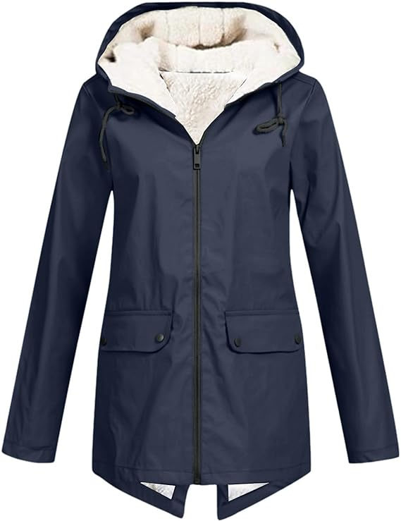 Damen-Kapuzenpullover mit Reißverschluss, dunkelblauer Außenjacke mit Sherpa-Futter