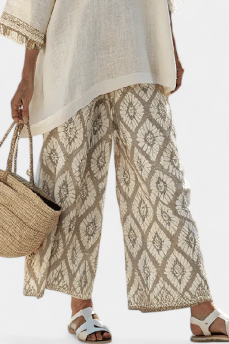 Gemusterte weite Hose im Boho-Stil: beige mit Kreis-/Blattornamenten