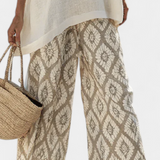 Gemusterte weite Hose im Boho-Stil: beige mit Kreis-/Blattornamenten
